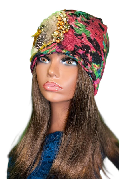 Fancy Feathered Jeweled Beanie Hat - Floral Winter Flapper Beanie - Luxury Skiing Hat