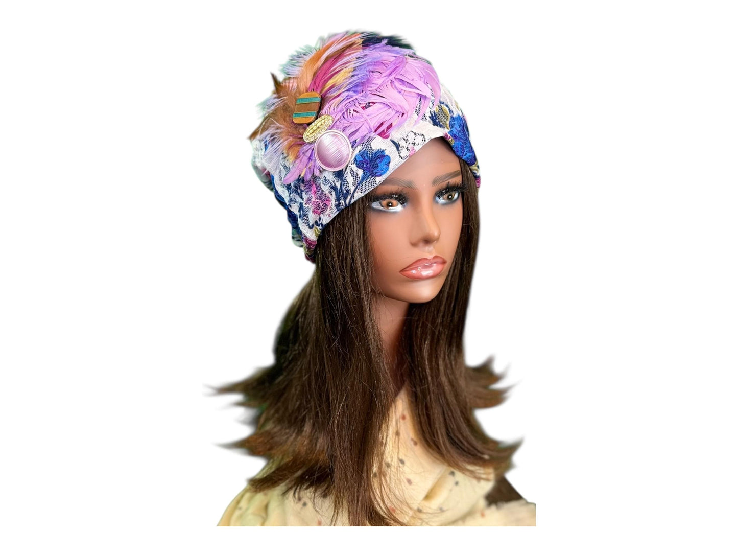 Statement Flower Lace Flapper Jeweled Designer Feathered Winter Knit Hat