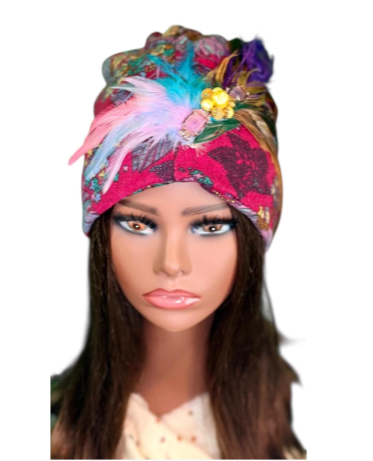 Statement Flower Flapper Jeweled Designer Feathered Winter Knit Hat