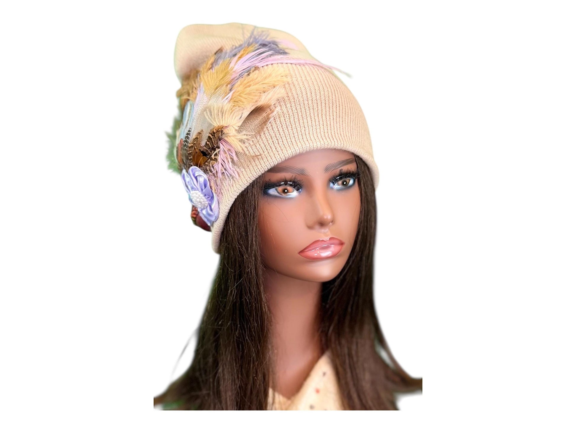Fancy Feathered Jeweled Knit Hat - Sparkly Winter Flapper Beanie - Luxury Skiing Hat