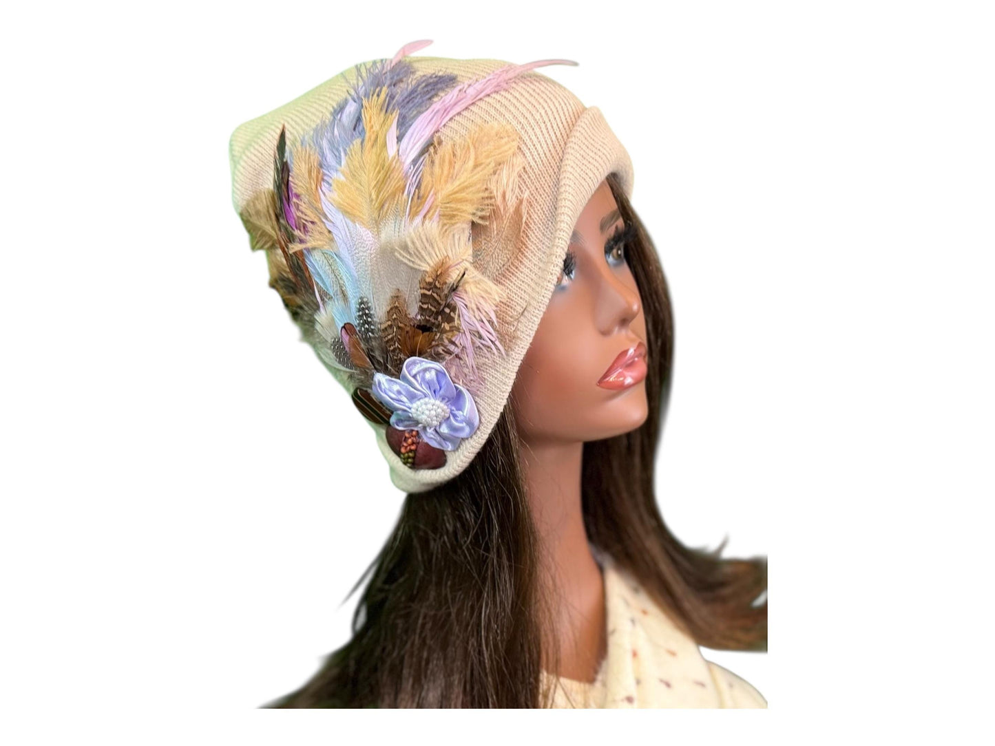 Fancy Feathered Jeweled Knit Hat - Sparkly Winter Flapper Beanie - Luxury Skiing Hat