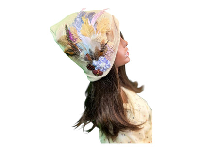Fancy Feathered Jeweled Knit Hat - Sparkly Winter Flapper Beanie - Luxury Skiing Hat