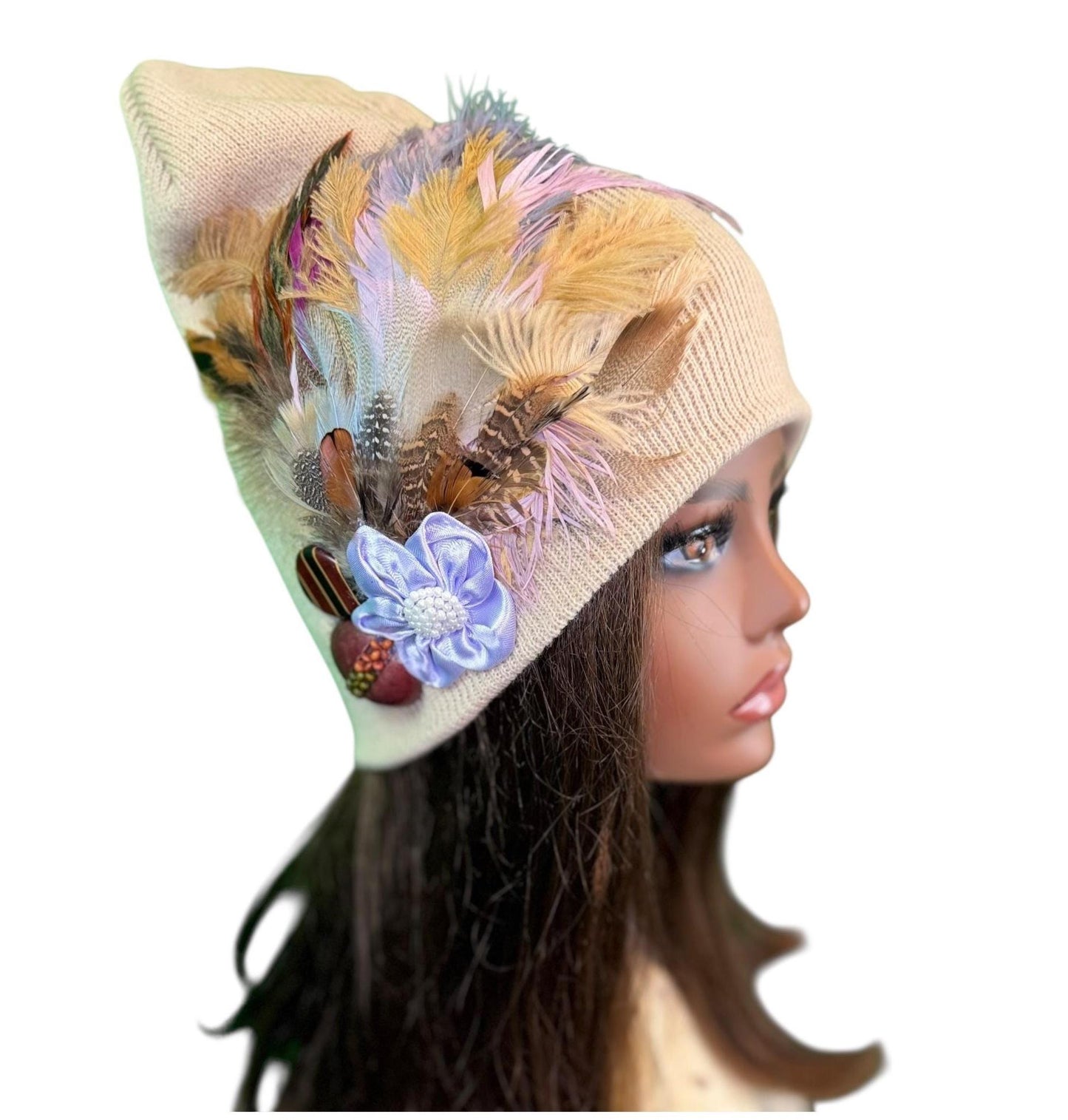 Fancy Feathered Jeweled Knit Hat - Sparkly Winter Flapper Beanie - Luxury Skiing Hat
