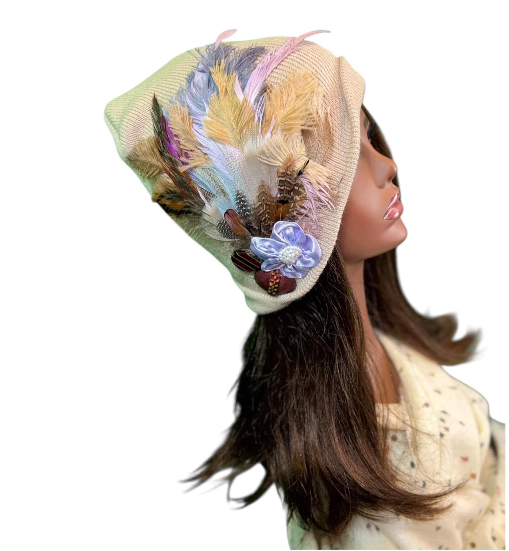 Fancy Feathered Jeweled Knit Hat - Sparkly Winter Flapper Beanie - Luxury Skiing Hat