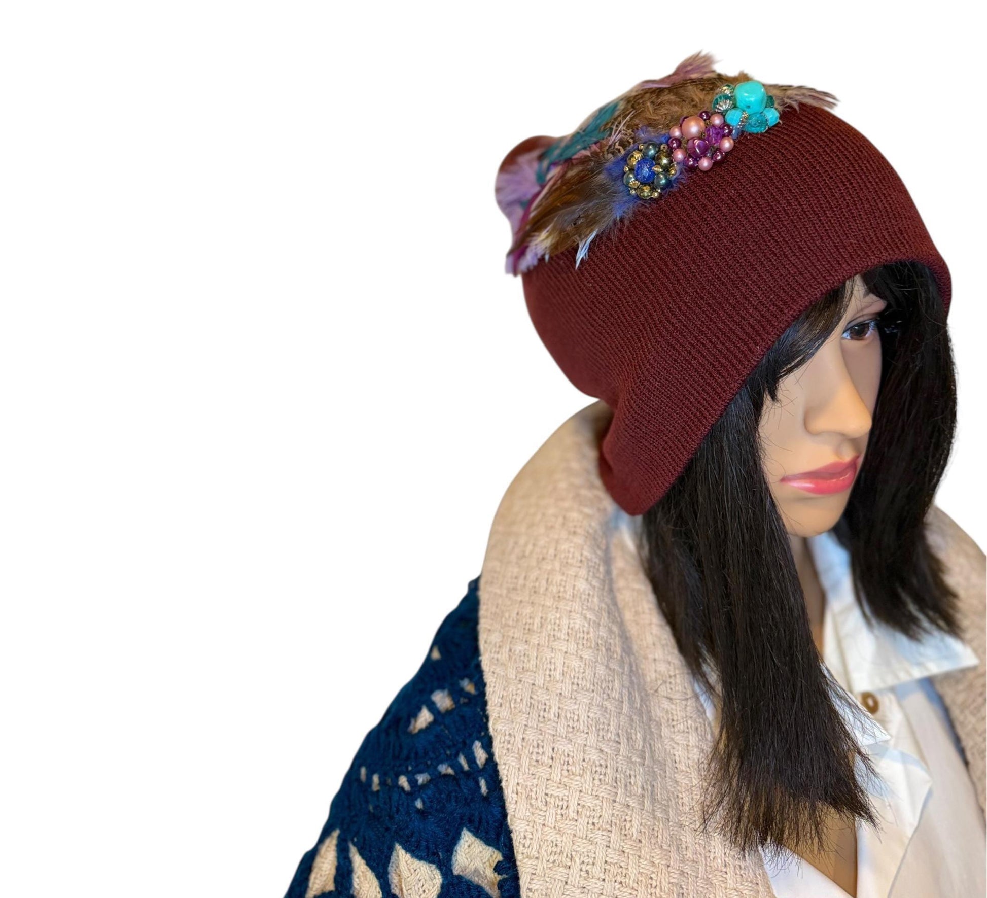 Unique Sparkly Flapper Beanie - Embellished Vintage Jeweled - Feathered Winter Knit Hat,