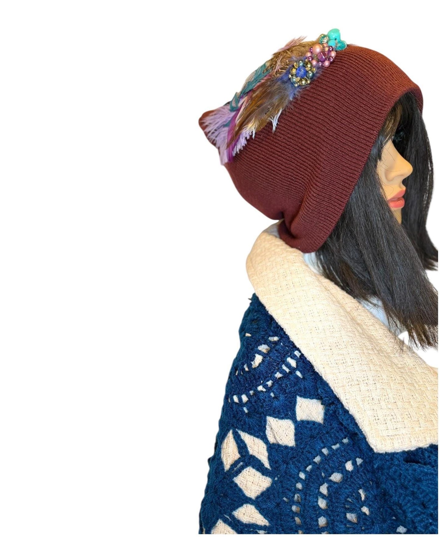 Unique Sparkly Flapper Beanie - Embellished Vintage Jeweled - Feathered Winter Knit Hat,