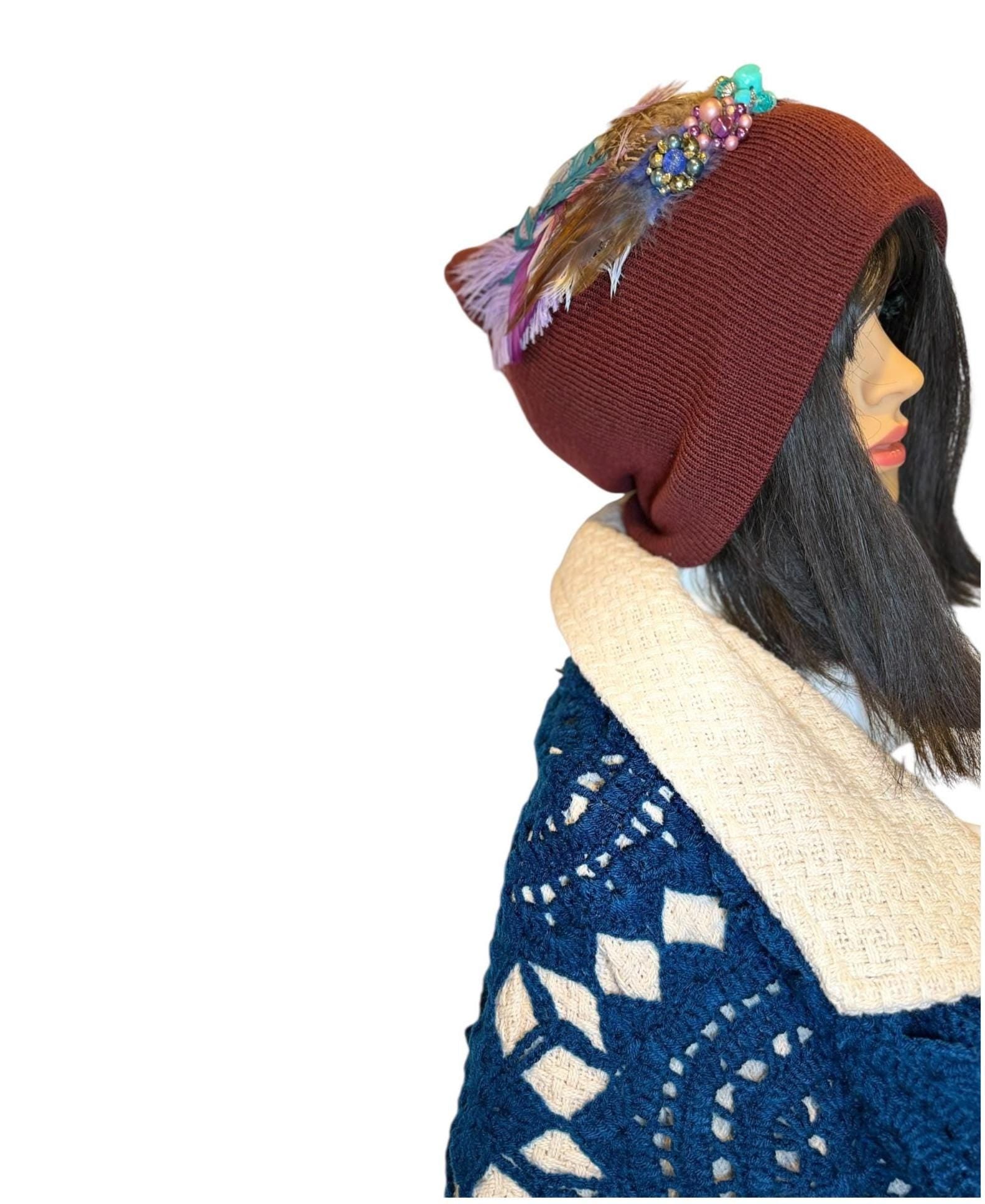 Unique Sparkly Flapper Beanie - Embellished Vintage Jeweled - Feathered Winter Knit Hat,