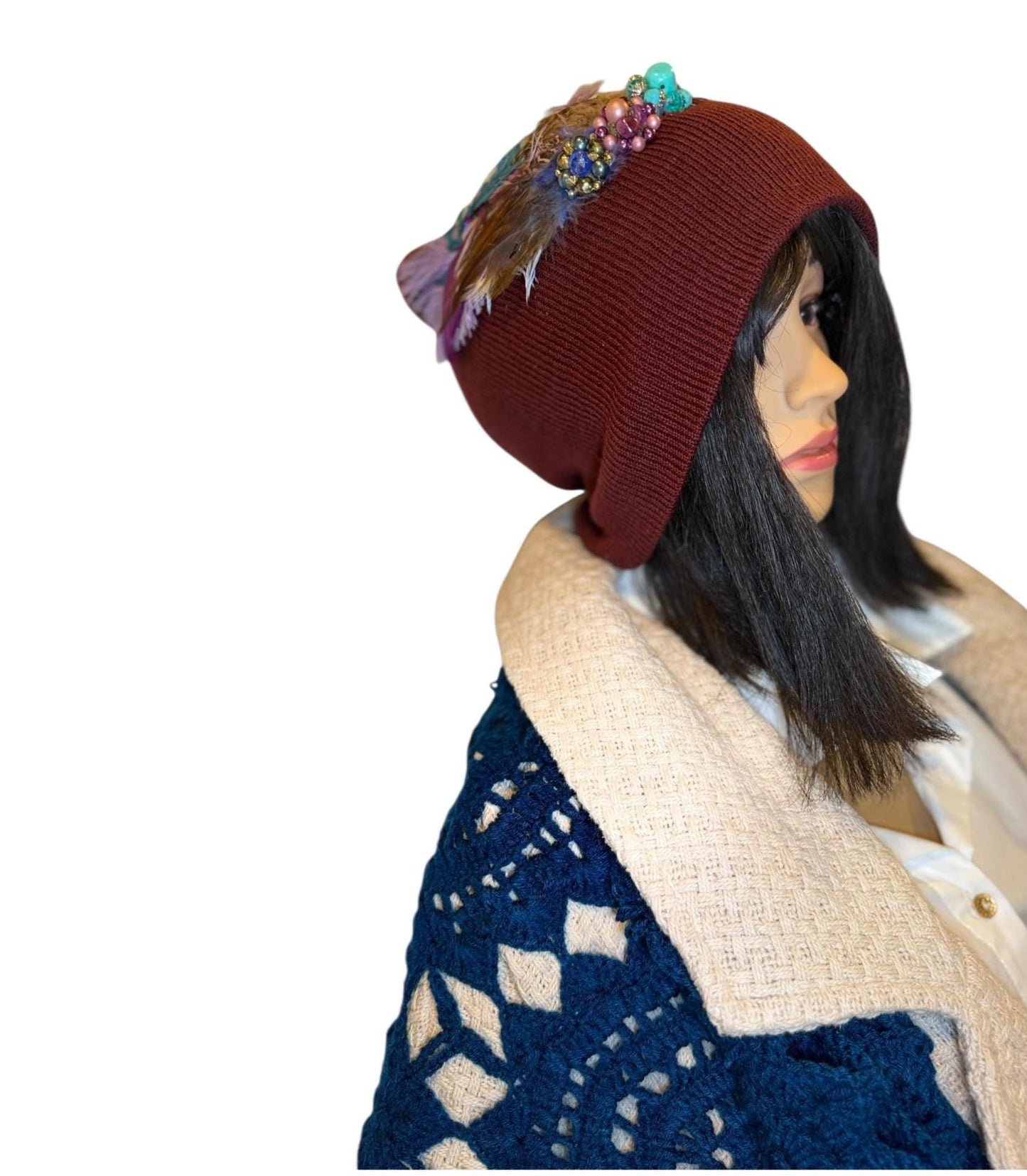 Unique Sparkly Flapper Beanie - Embellished Vintage Jeweled - Feathered Winter Knit Hat,