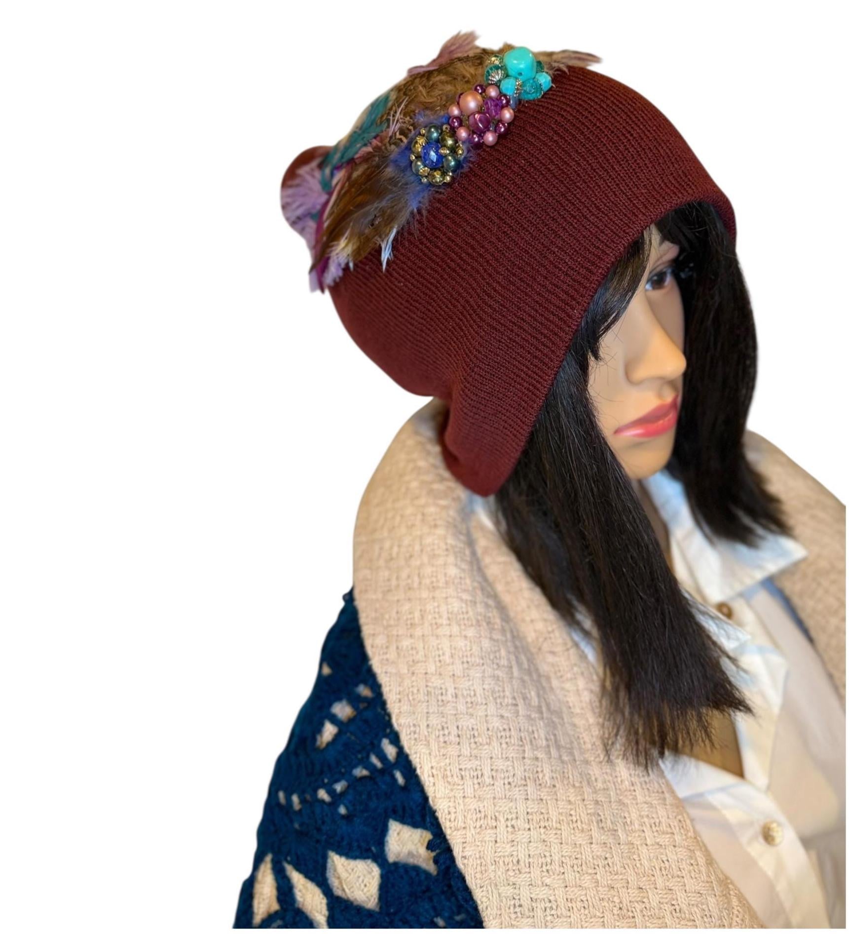 Unique Sparkly Flapper Beanie - Embellished Vintage Jeweled - Feathered Winter Knit Hat,