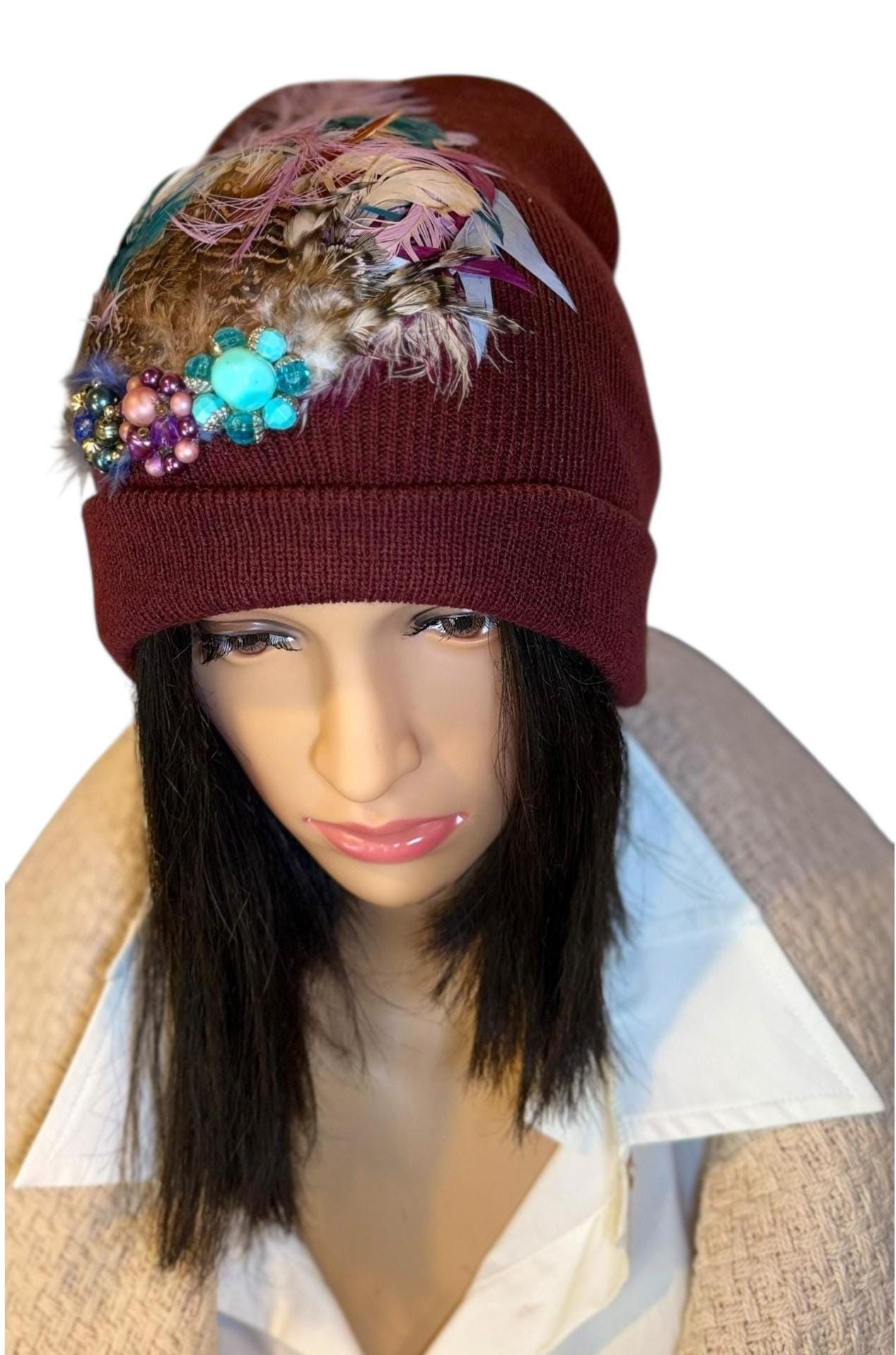 Unique Sparkly Flapper Beanie - Embellished Vintage Jeweled - Feathered Winter Knit Hat,