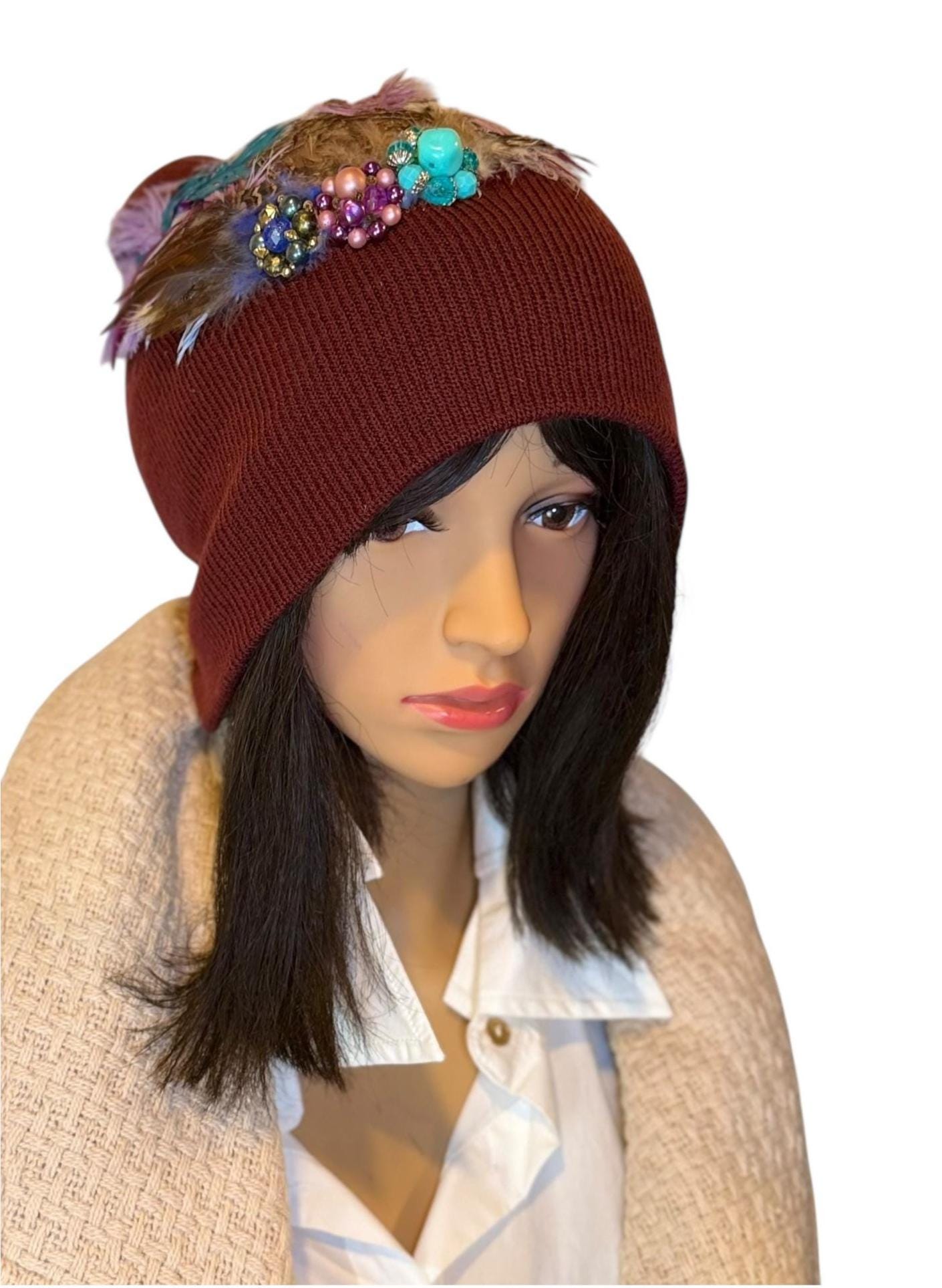 Unique Sparkly Flapper Beanie - Embellished Vintage Jeweled - Feathered Winter Knit Hat,