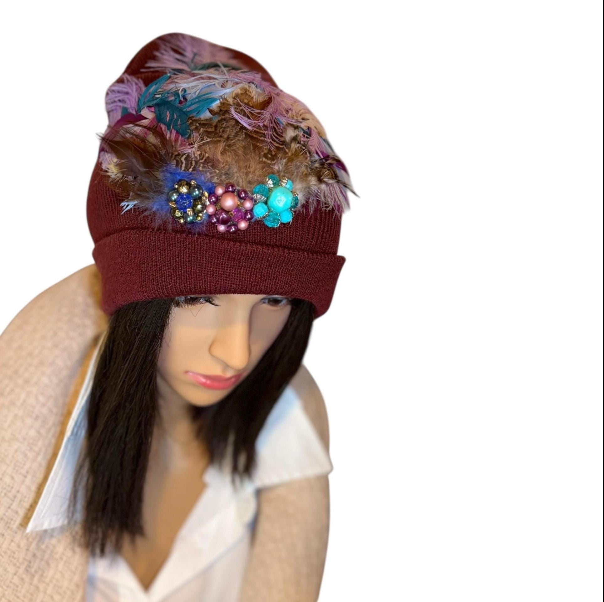 Unique Sparkly Flapper Beanie - Embellished Vintage Jeweled - Feathered Winter Knit Hat,