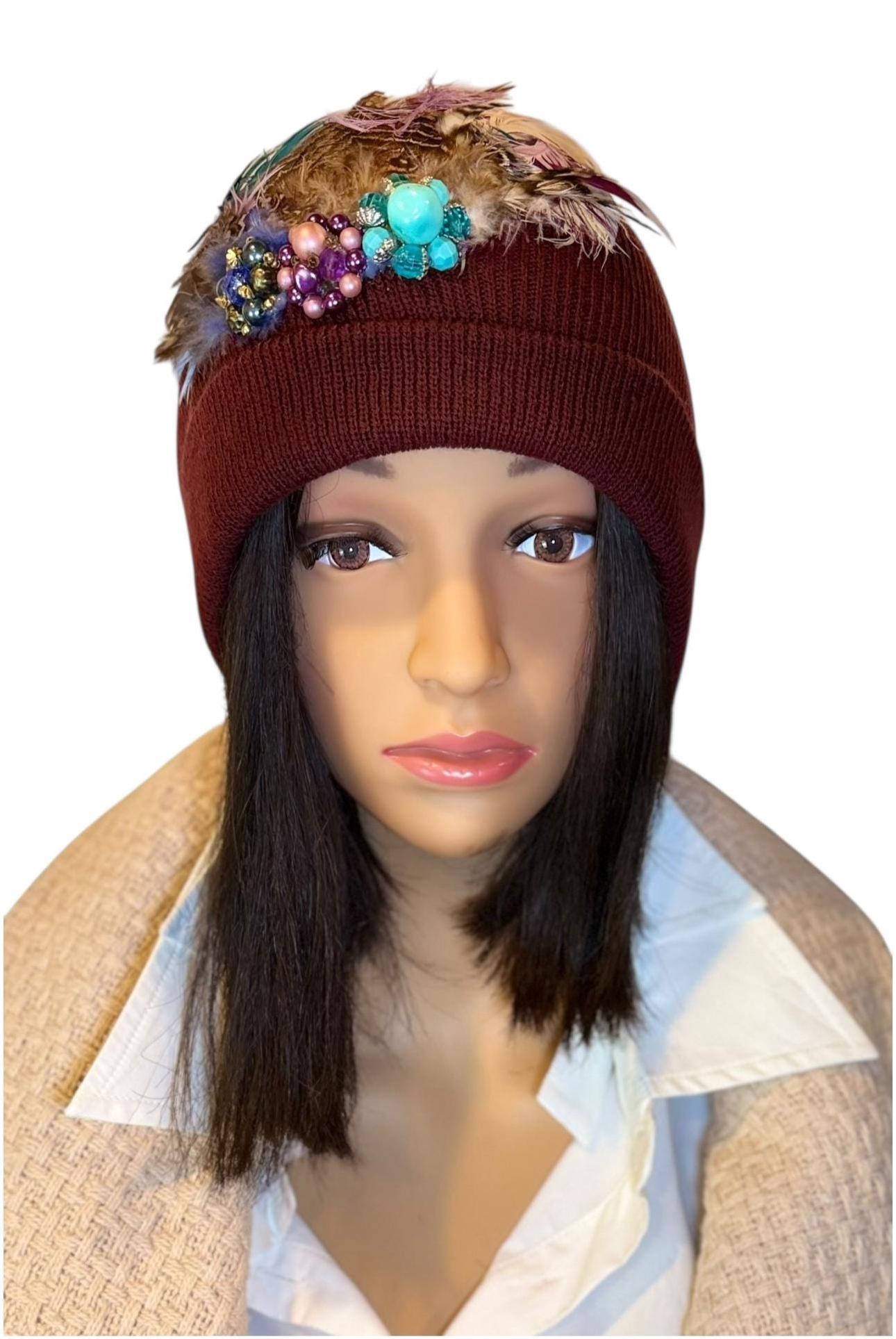 Unique Sparkly Flapper Beanie - Embellished Vintage Jeweled - Feathered Winter Knit Hat,