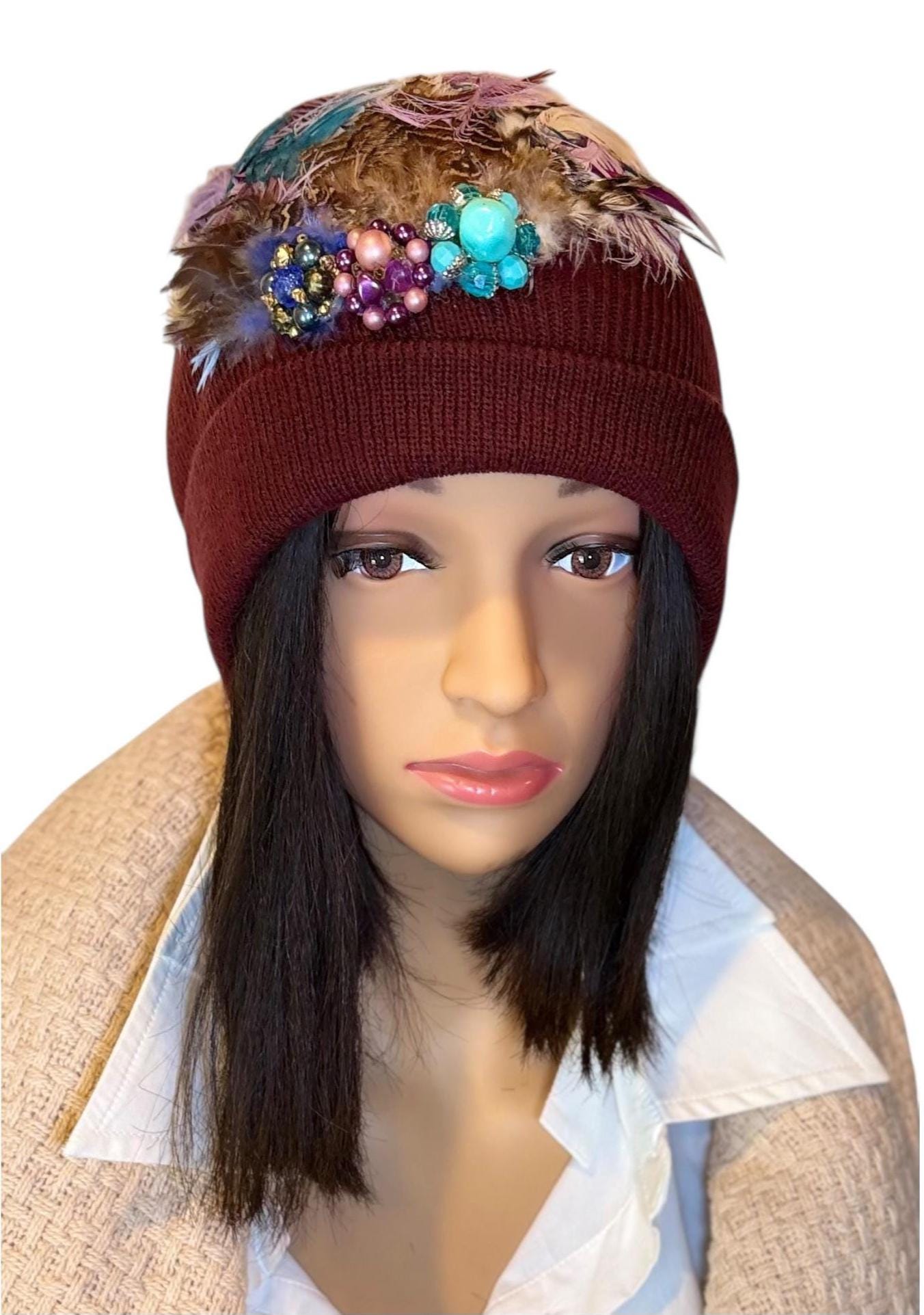 Unique Sparkly Flapper Beanie - Embellished Vintage Jeweled - Feathered Winter Knit Hat,
