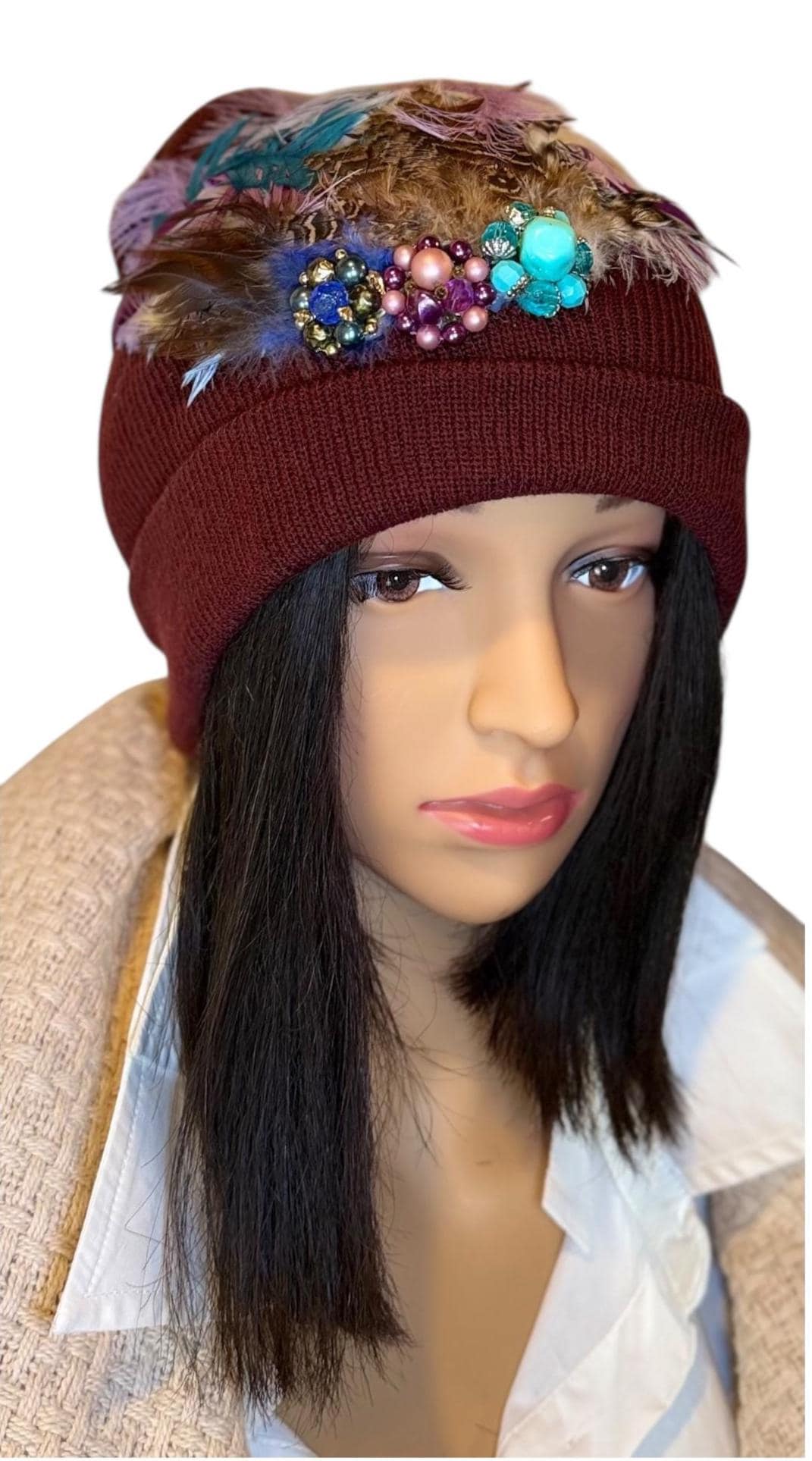 Unique Sparkly Flapper Beanie - Embellished Vintage Jeweled - Feathered Winter Knit Hat,
