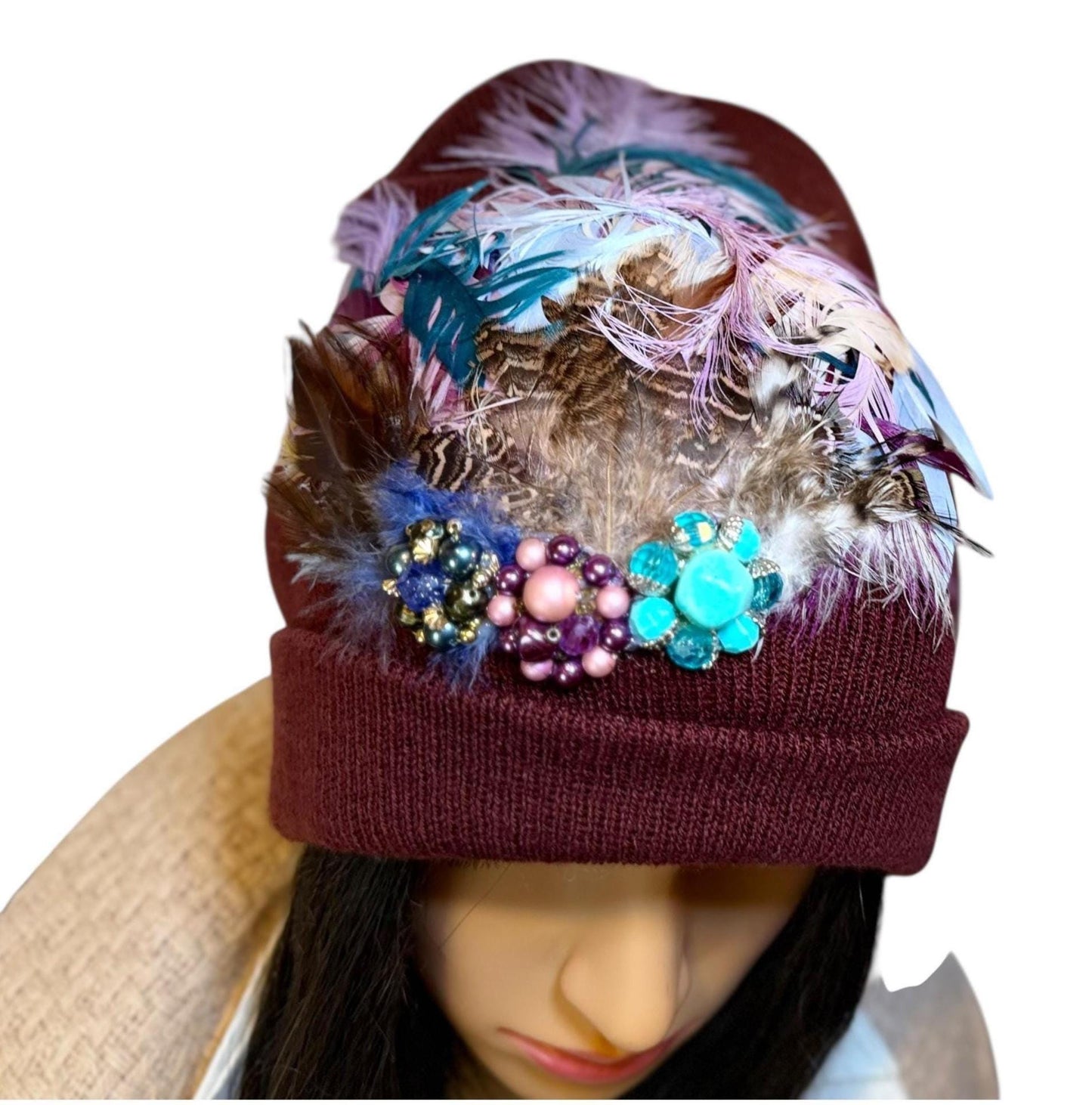 Unique Sparkly Flapper Beanie - Embellished Vintage Jeweled - Feathered Winter Knit Hat,