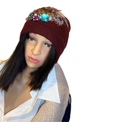 Unique Sparkly Flapper Beanie - Embellished Vintage Jeweled - Feathered Winter Knit Hat,