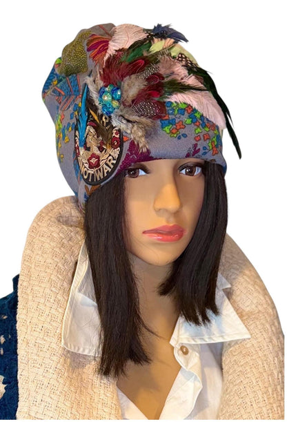 Statement Patchwork “Make Love Not War” Flapper - Designer Jeweled and Feathered Fashionable Hat