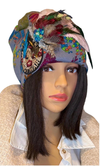 Statement Patchwork “Make Love Not War” Flapper - Designer Jeweled and Feathered Fashionable Hat