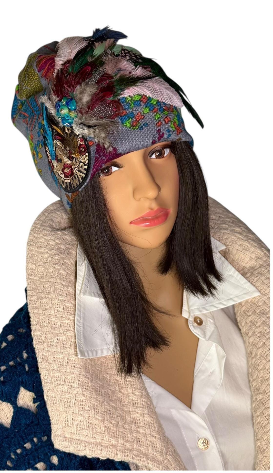 Statement Patchwork “Make Love Not War” Flapper - Designer Jeweled and Feathered Fashionable Hat