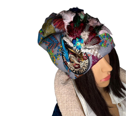 Statement Patchwork “Make Love Not War” Flapper - Designer Jeweled and Feathered Fashionable Hat