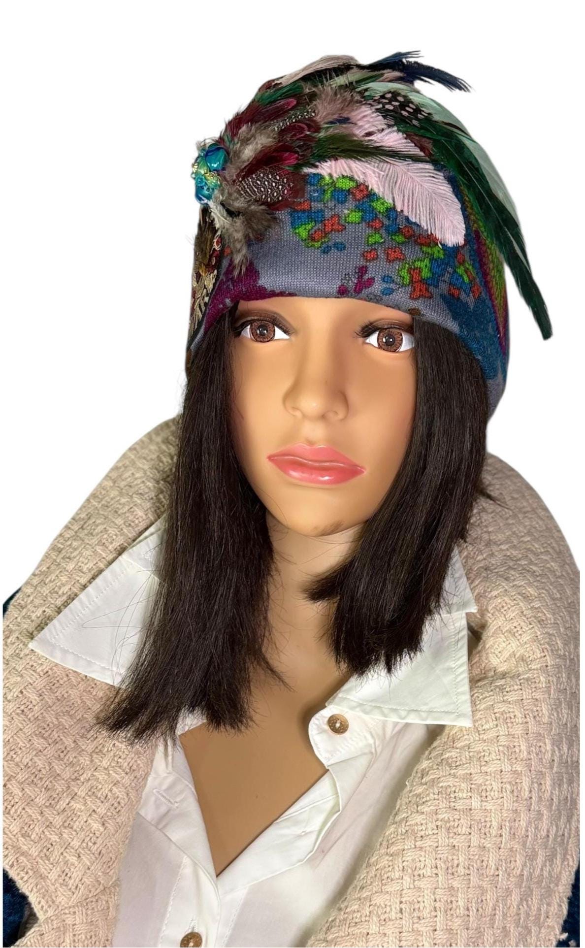 Statement Patchwork “Make Love Not War” Flapper - Designer Jeweled and Feathered Fashionable Hat