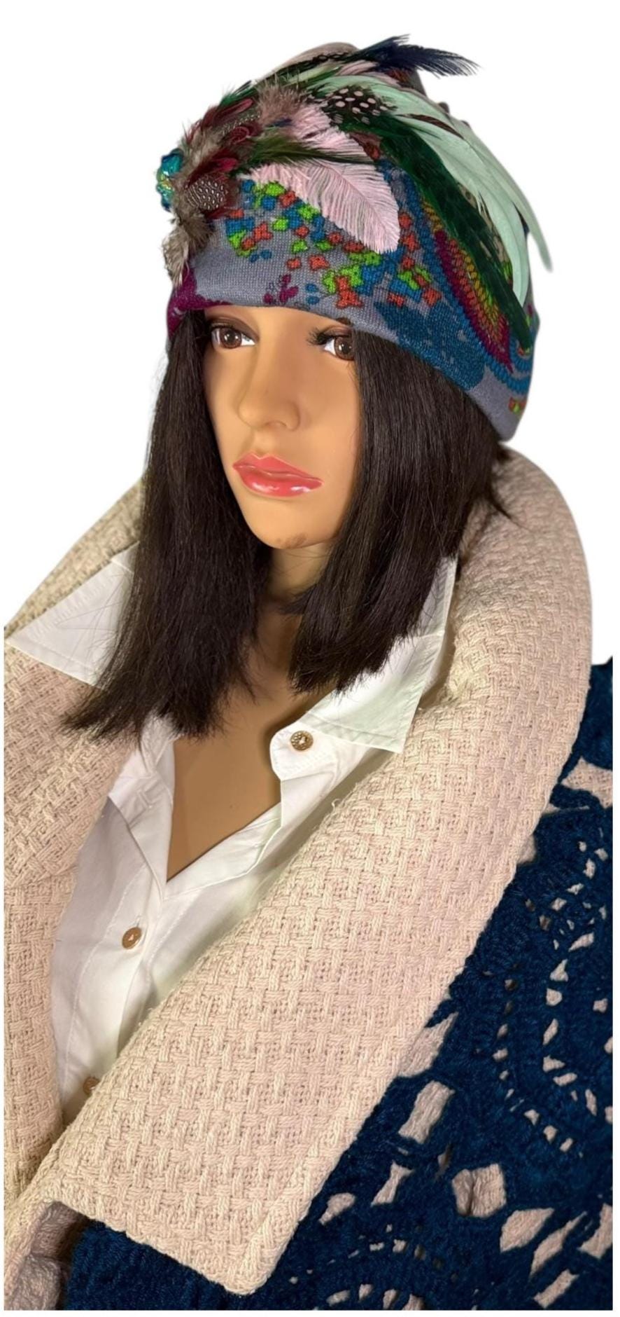 Statement Patchwork “Make Love Not War” Flapper - Designer Jeweled and Feathered Fashionable Hat
