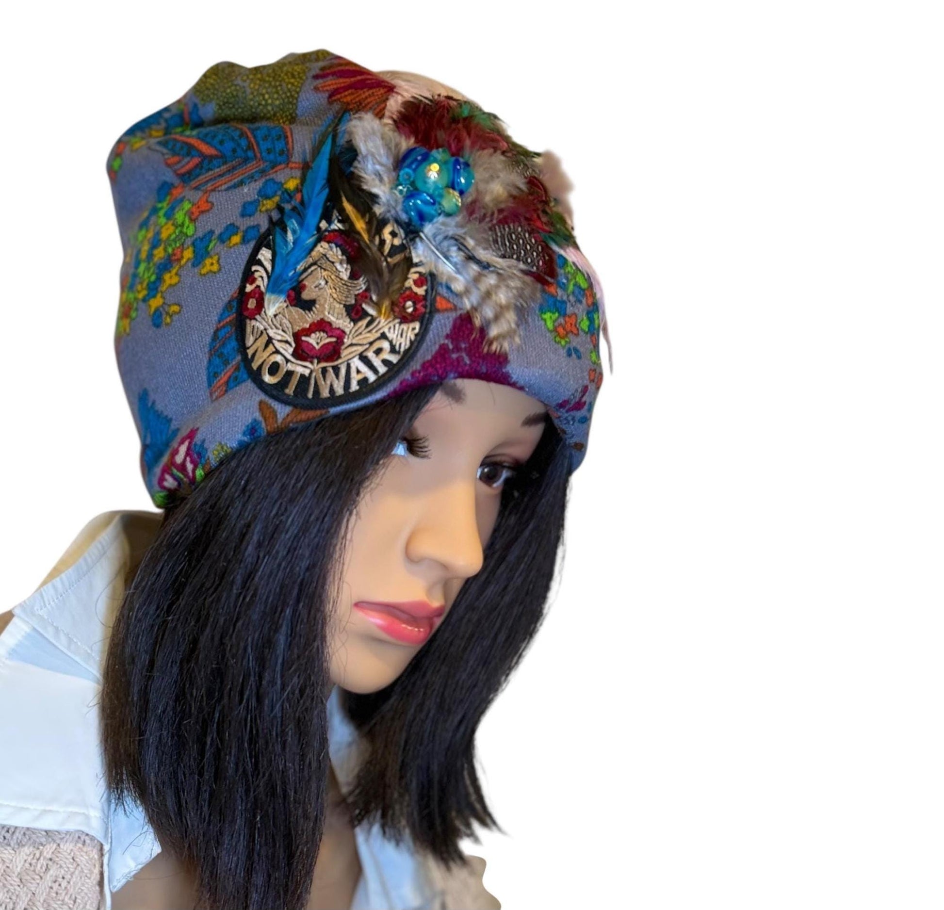 Statement Patchwork “Make Love Not War” Flapper - Designer Jeweled and Feathered Fashionable Hat