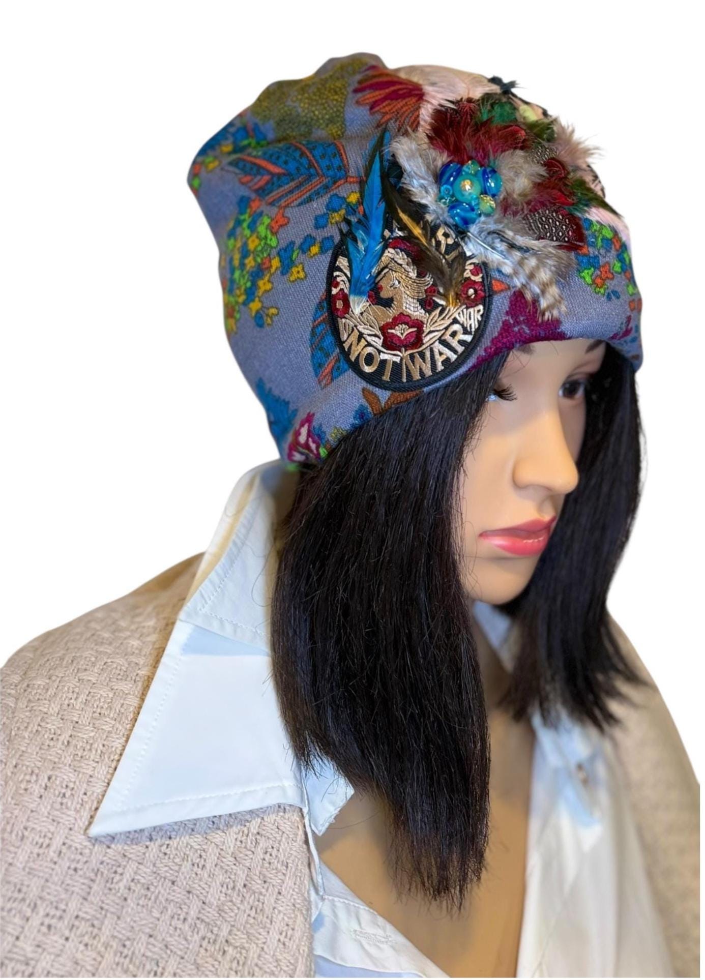 Statement Patchwork “Make Love Not War” Flapper - Designer Jeweled and Feathered Fashionable Hat
