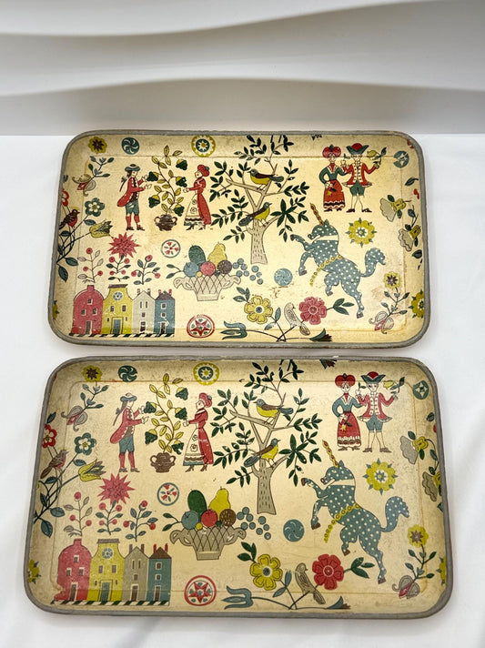Vintage Colonial Unicorn Design Alcohol Proof Paper Mache Tray - Made in Japan - MCM
