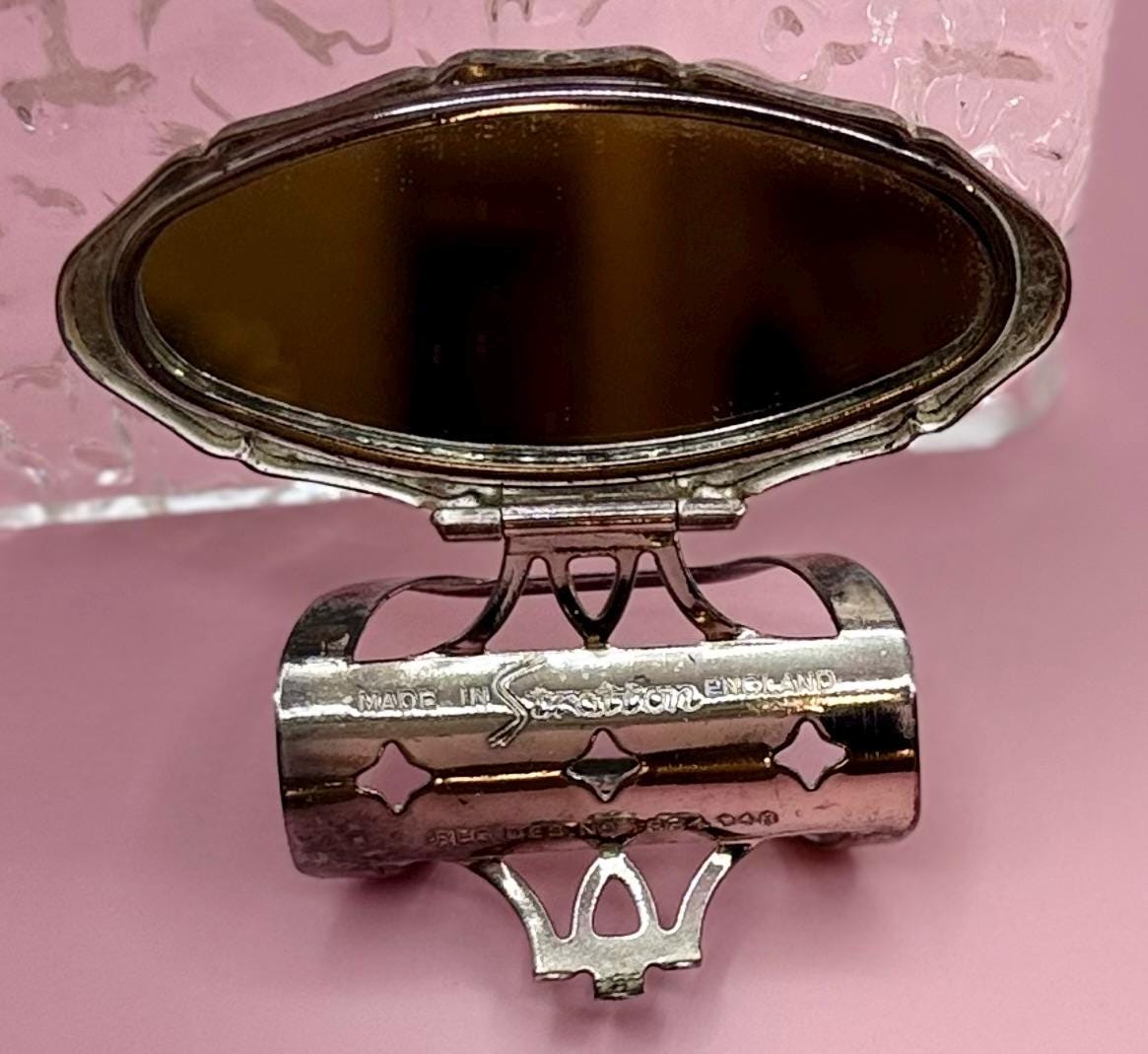 Rare Vintage Silver Statement Lipstick Ring Holder with Flip-up Mirror