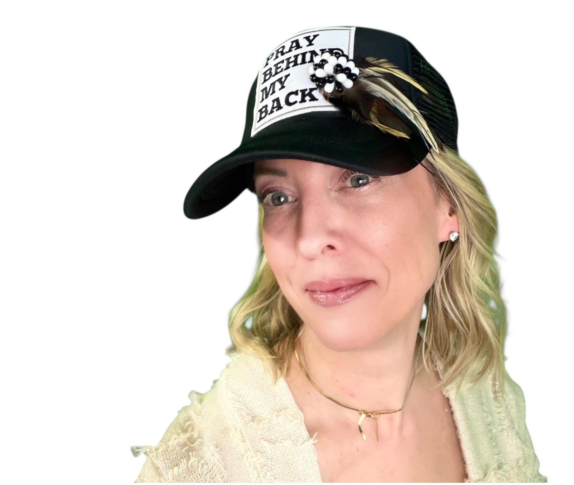 NEW Style Statement “Pray Behind My Back” Patchwork Jeweled Trucker Hat