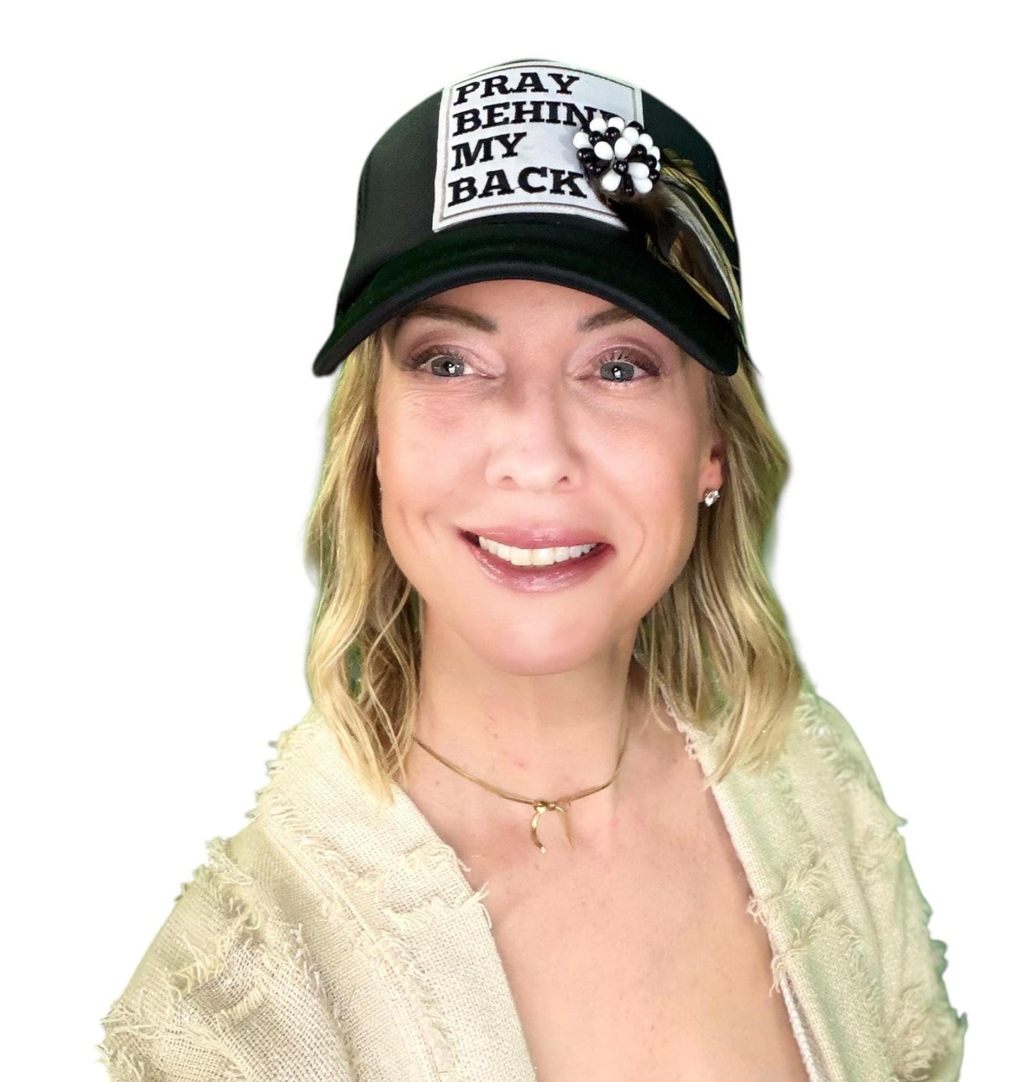 NEW Style Statement “Pray Behind My Back” Patchwork Jeweled Trucker Hat