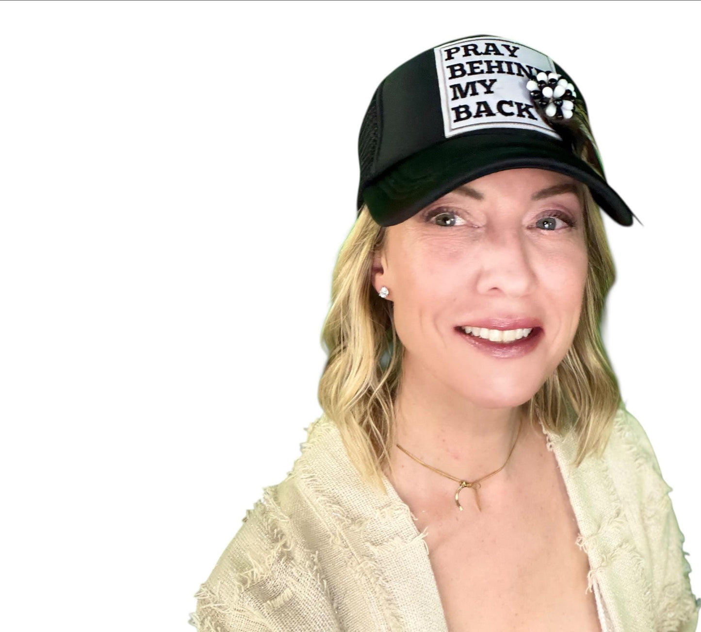 NEW Style Statement “Pray Behind My Back” Patchwork Jeweled Trucker Hat