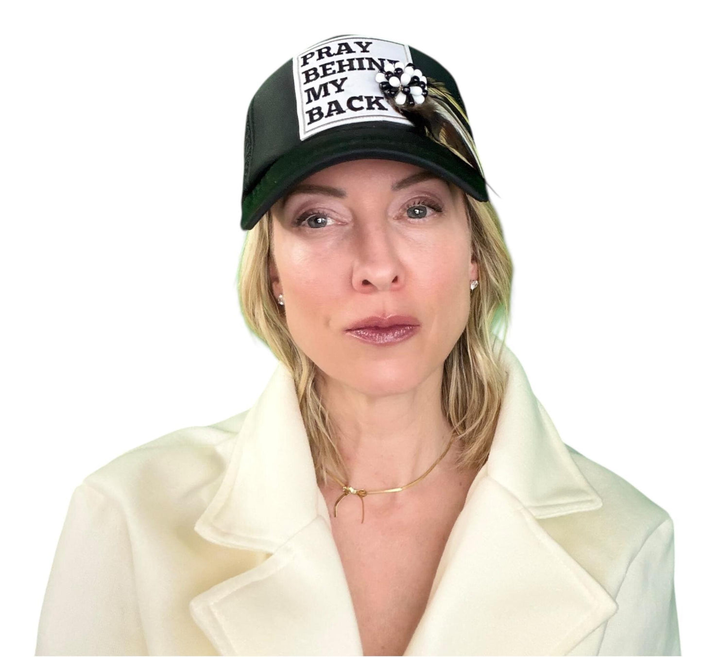 NEW Style Statement “Pray Behind My Back” Patchwork Jeweled Trucker Hat