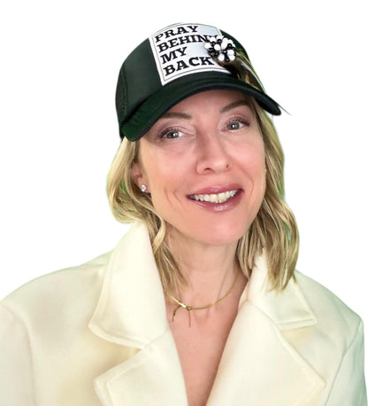 NEW Style Statement “Pray Behind My Back” Patchwork Jeweled Trucker Hat