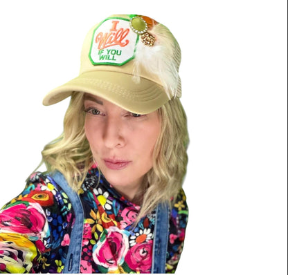 NEW Style Statement “I Will If You Will” Patchwork Jeweled Trucker Hat