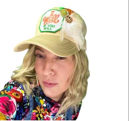 NEW Style Statement “I Will If You Will” Patchwork Jeweled Trucker Hat