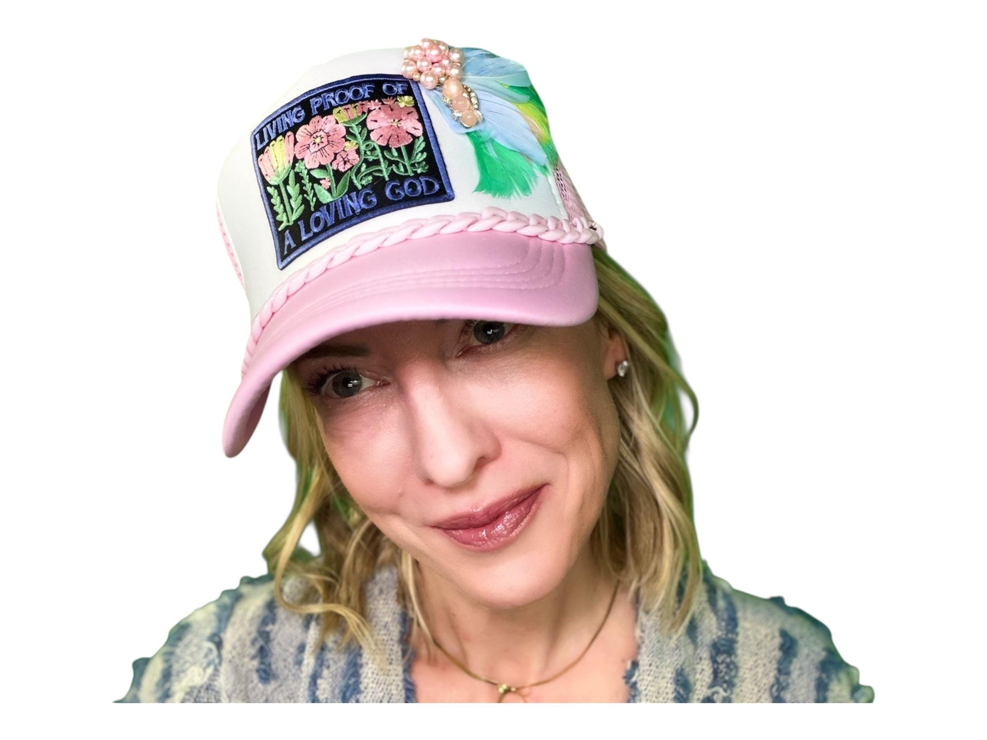 NEW Style Statement “LIVING PROOF” Patchwork Jeweled Avant-Garde Fashionable Trucker Hat