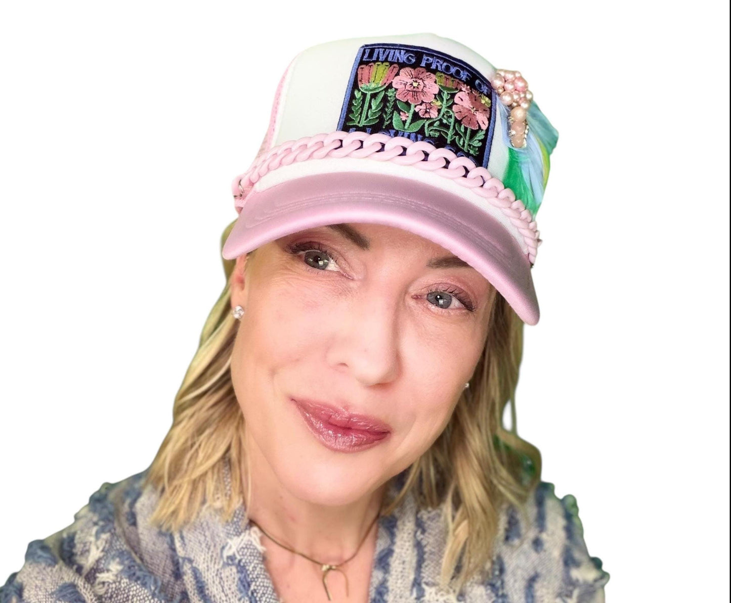 NEW Style Statement “LIVING PROOF” Patchwork Jeweled Avant-Garde Fashionable Trucker Hat