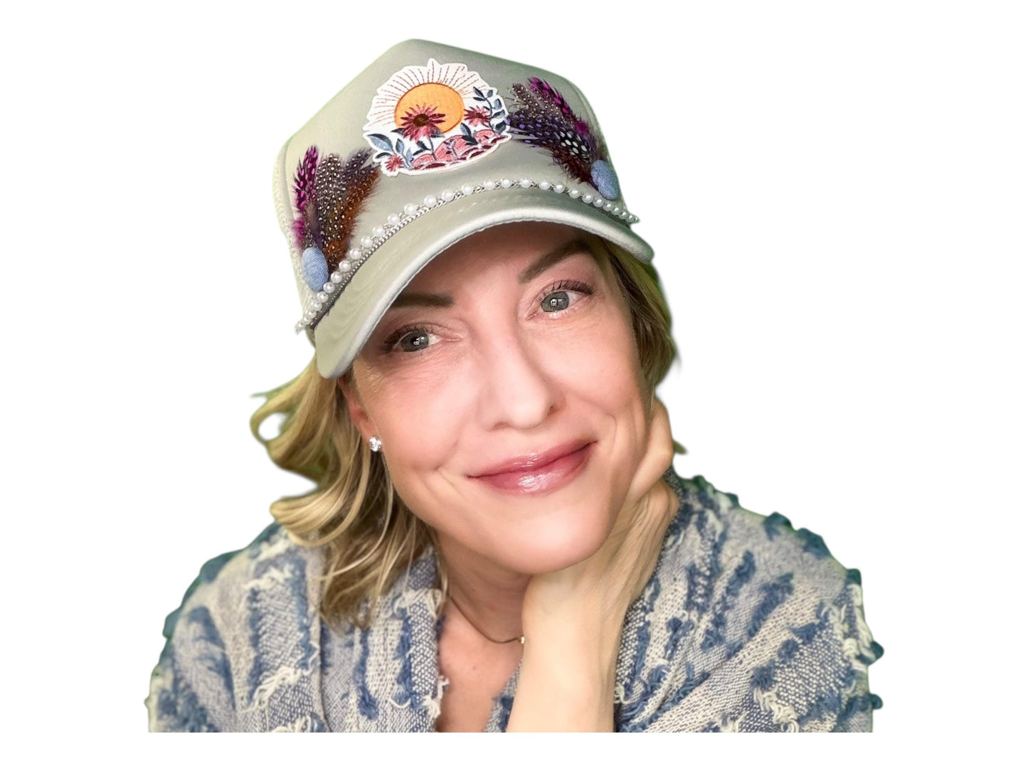 NEW Style Statement “SUNSET VIEWS” Patchwork Jeweled Trucker Hat