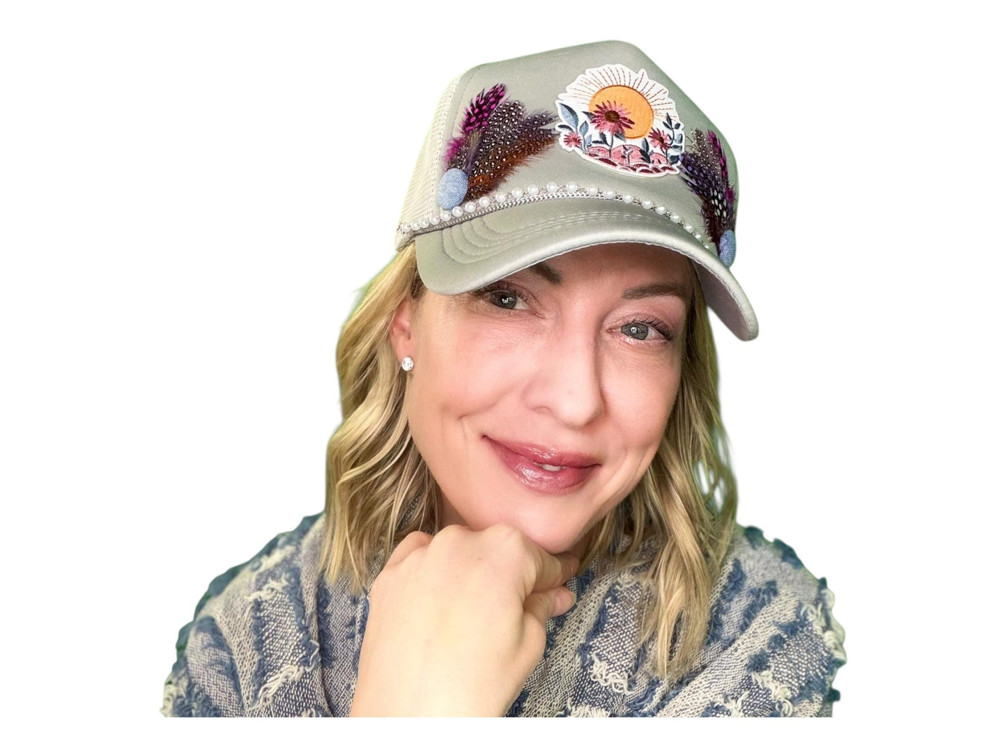 NEW Style Statement “SUNSET VIEWS” Patchwork Jeweled Trucker Hat