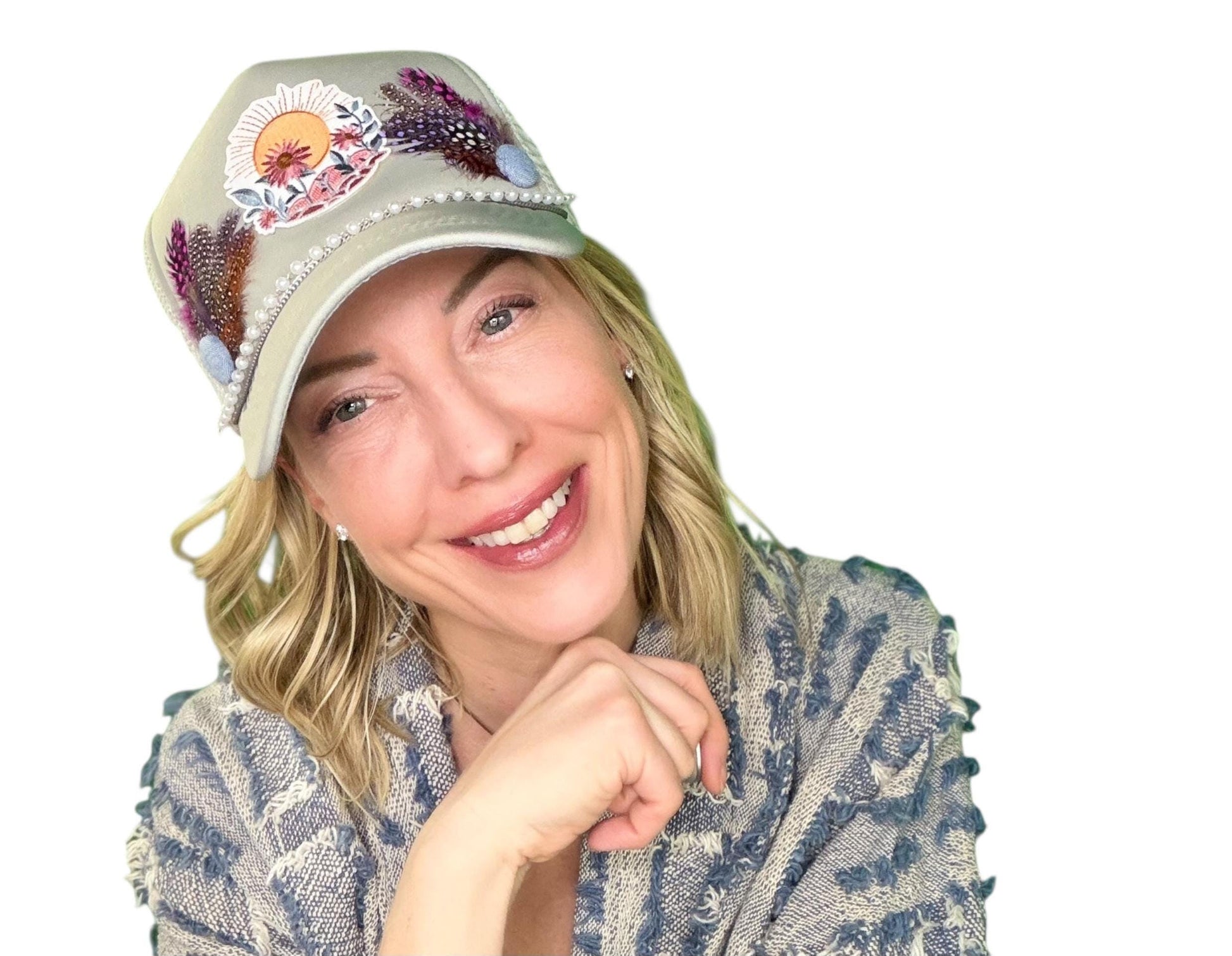NEW Style Statement “SUNSET VIEWS” Patchwork Jeweled Trucker Hat