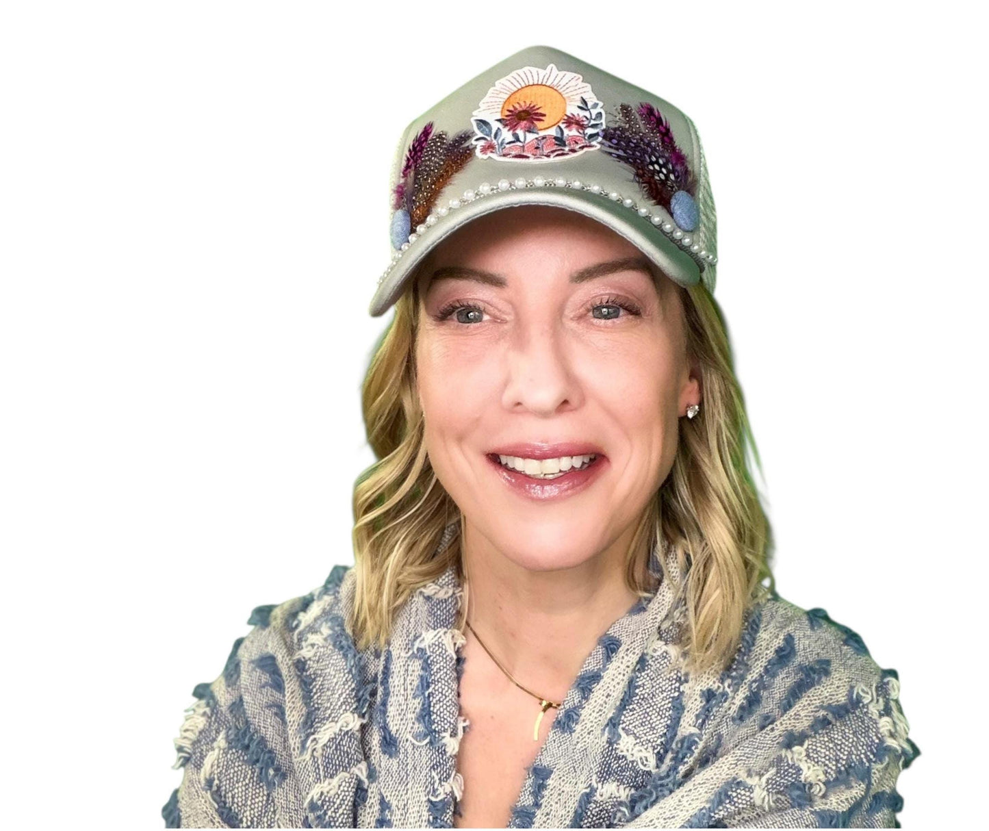 NEW Style Statement “SUNSET VIEWS” Patchwork Jeweled Trucker Hat