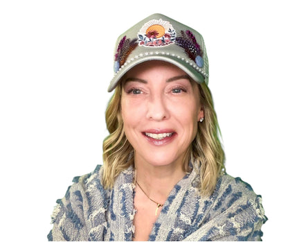 NEW Style Statement “SUNSET VIEWS” Patchwork Jeweled Trucker Hat