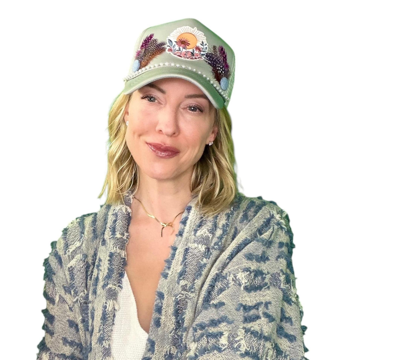 NEW Style Statement “SUNSET VIEWS” Patchwork Jeweled Trucker Hat