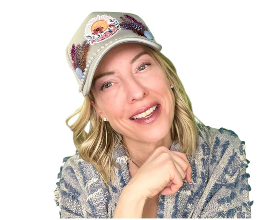 NEW Style Statement “SUNSET VIEWS” Patchwork Jeweled Trucker Hat