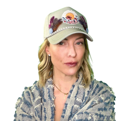 NEW Style Statement “SUNSET VIEWS” Patchwork Jeweled Trucker Hat