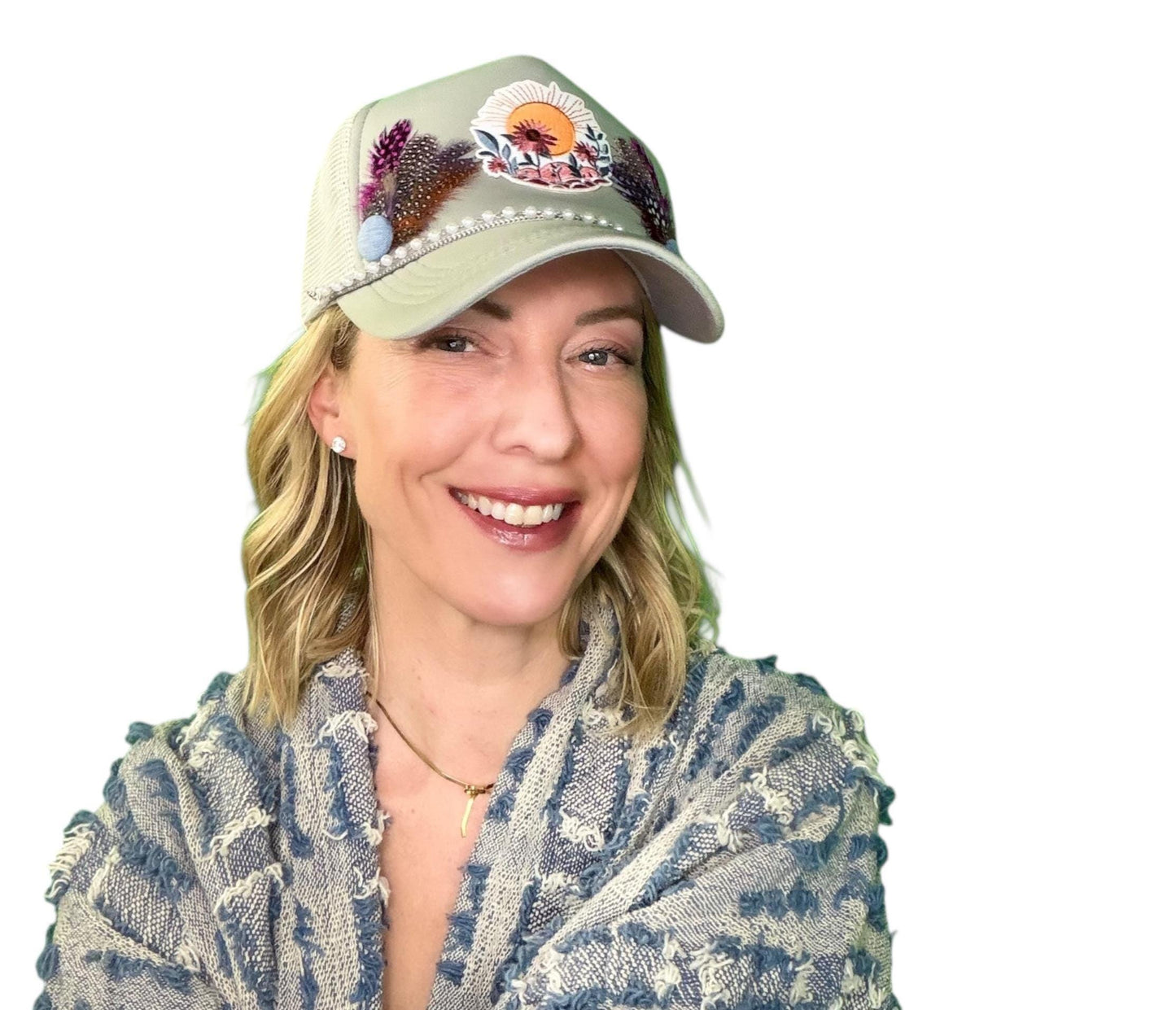 NEW Style Statement “SUNSET VIEWS” Patchwork Jeweled Trucker Hat