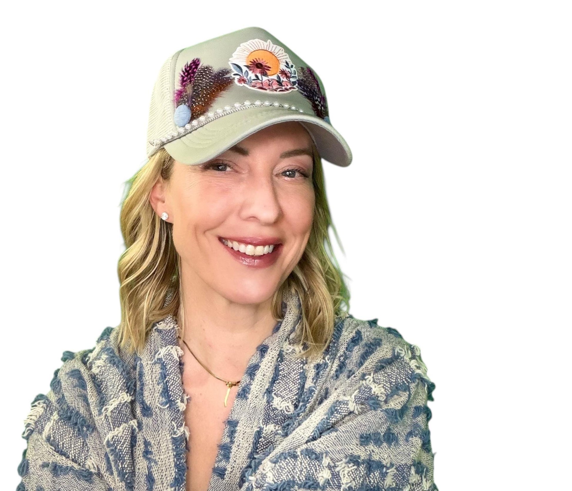 NEW Style Statement “SUNSET VIEWS” Patchwork Jeweled Trucker Hat